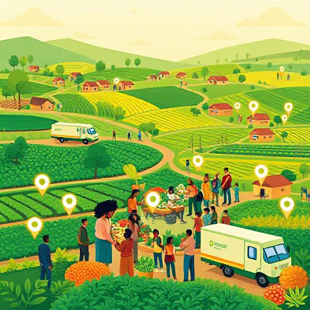 Community sharing food across green farms